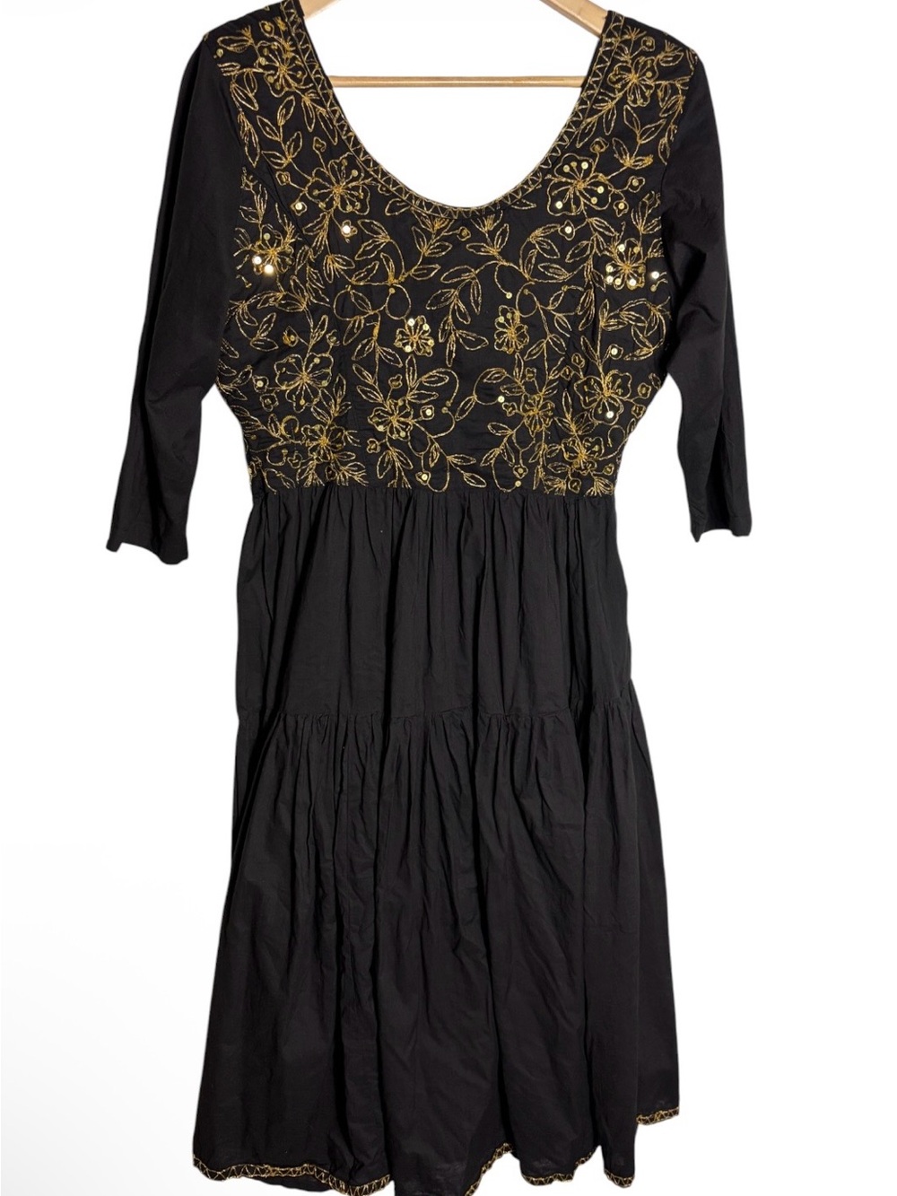 Vintage 90s passports black tiered with gold sequins midi dress size M
